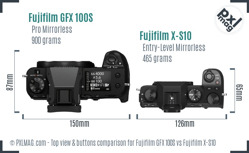 Fujifilm GFX 100S vs Fujifilm X-S10 top view buttons comparison