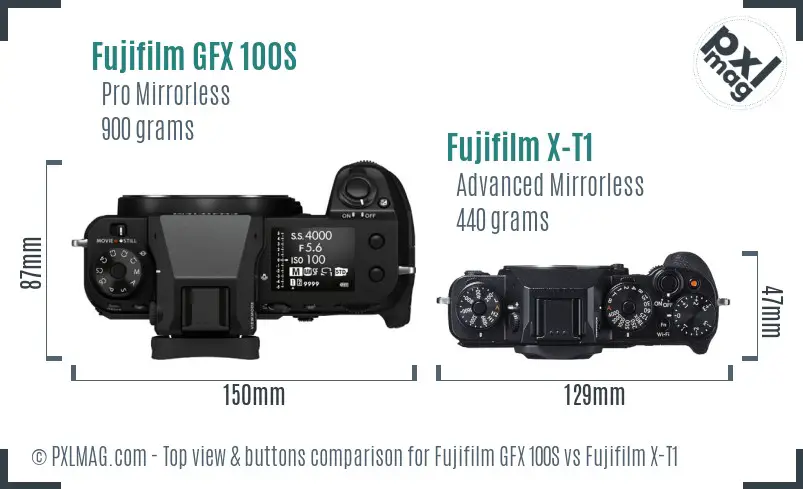 Fujifilm GFX 100S vs Fujifilm X-T1 top view buttons comparison