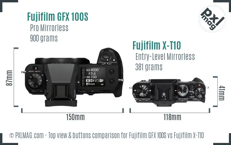 Fujifilm GFX 100S vs Fujifilm X-T10 top view buttons comparison