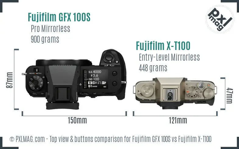 Fujifilm GFX 100S vs Fujifilm X-T100 top view buttons comparison