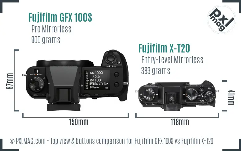 Fujifilm GFX 100S vs Fujifilm X-T20 top view buttons comparison Fujifilm GFX 100S vs Fujifilm X-T20 top view buttons comparison
