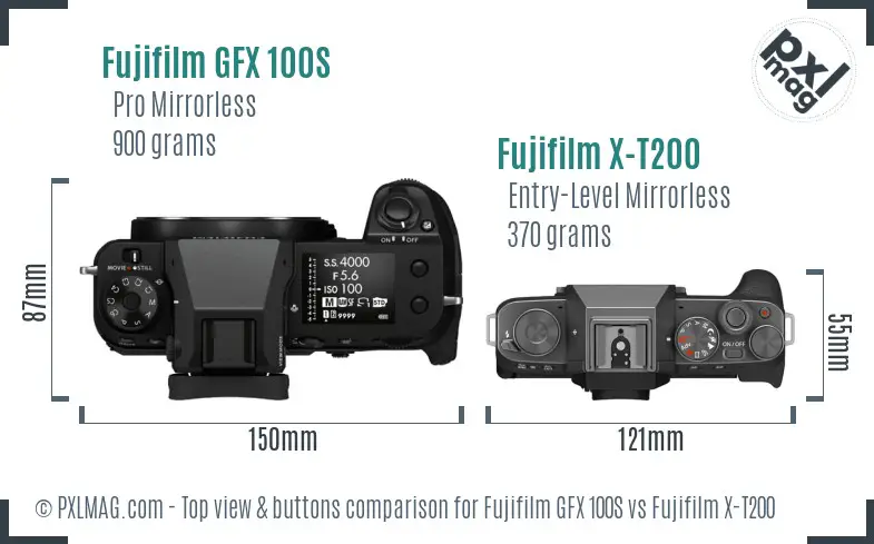Fujifilm GFX 100S vs Fujifilm X-T200 top view buttons comparison Fujifilm GFX 100S vs Fujifilm X-T200 top view buttons comparison