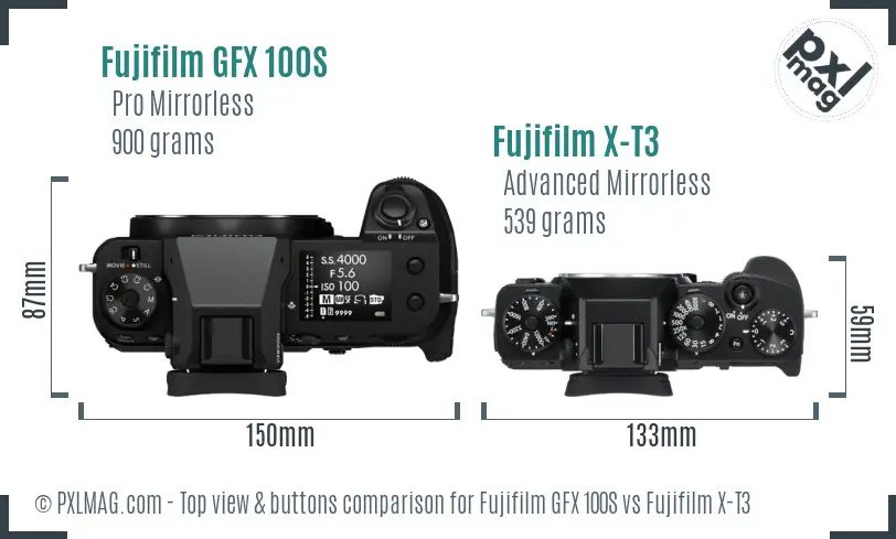 Fujifilm GFX 100S vs Fujifilm X-T3 top view buttons comparison