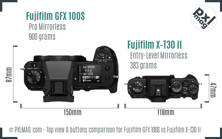 Fujifilm GFX 100S vs Fujifilm X-T30 II top view buttons comparison