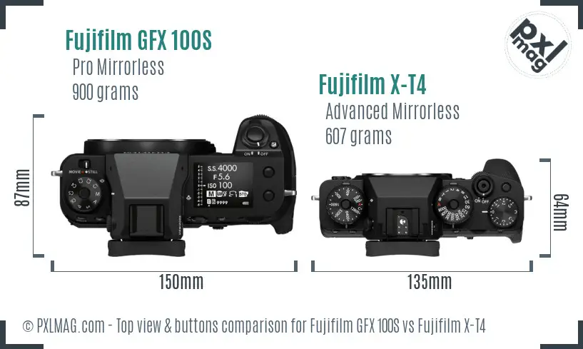 Fujifilm GFX 100S vs Fujifilm X-T4 top view buttons comparison