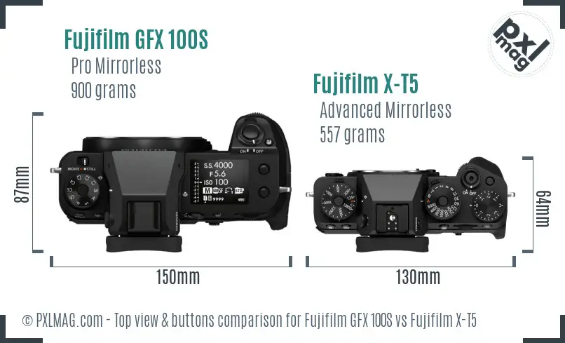 Fujifilm GFX 100S vs Fujifilm X-T5 top view buttons comparison Fujifilm GFX 100S vs Fujifilm X-T5 top view buttons comparison