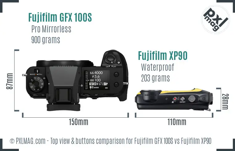 Fujifilm GFX 100S vs Fujifilm XP90 top view buttons comparison