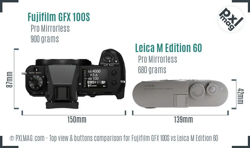 Fujifilm GFX 100S vs Leica M Edition 60 top view buttons comparison