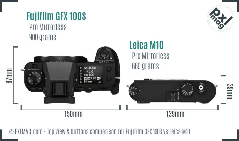 Fujifilm GFX 100S vs Leica M10 top view buttons comparison