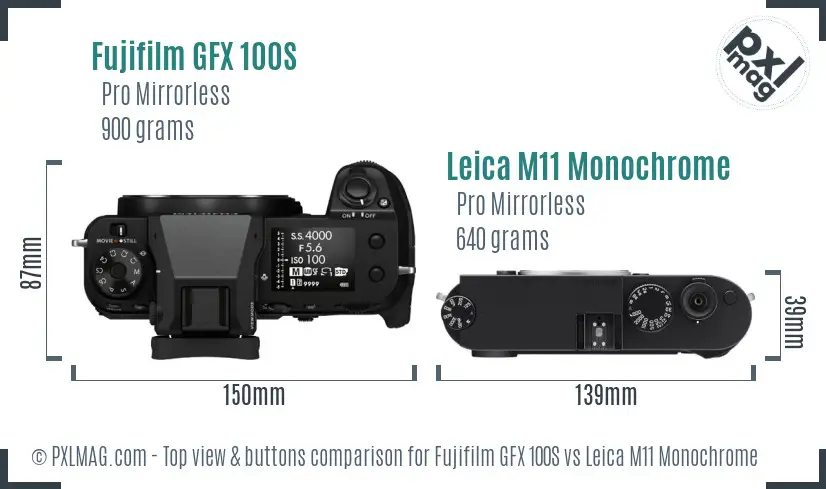 Fujifilm GFX 100S vs Leica M11 Monochrome top view buttons comparison