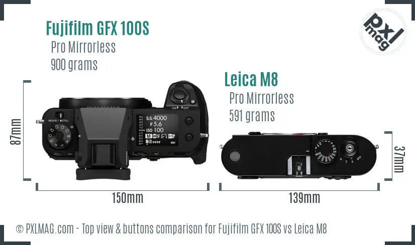 Fujifilm GFX 100S vs Leica M8 top view buttons comparison