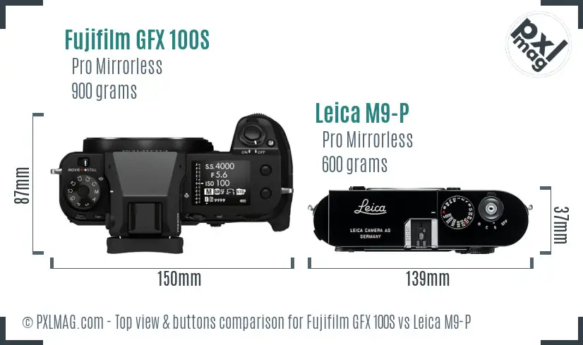 Fujifilm GFX 100S vs Leica M9-P top view buttons comparison