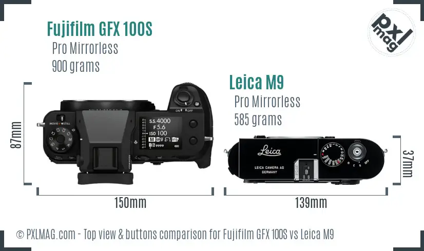 Fujifilm GFX 100S vs Leica M9 top view buttons comparison