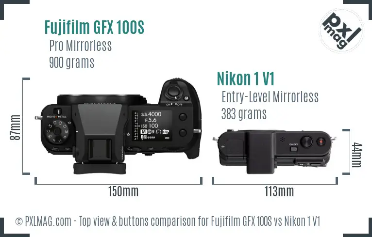 Fujifilm GFX 100S vs Nikon 1 V1 top view buttons comparison
