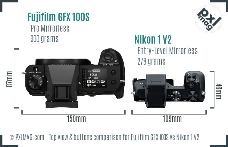 Fujifilm GFX 100S vs Nikon 1 V2 top view buttons comparison