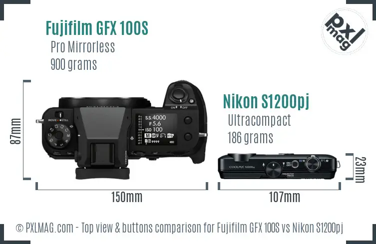 Fujifilm GFX 100S vs Nikon S1200pj top view buttons comparison