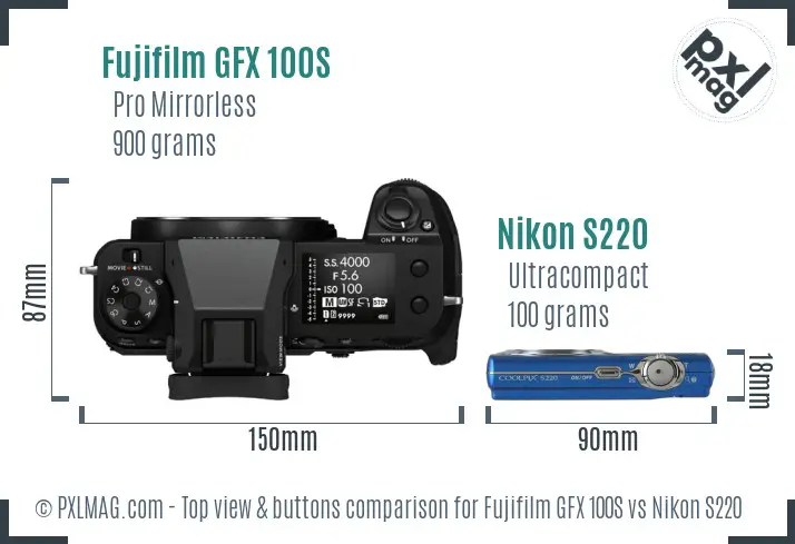 Fujifilm GFX 100S vs Nikon S220 top view buttons comparison