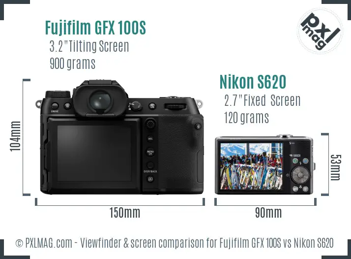 Fujifilm GFX 100S vs Nikon S620 Screen and Viewfinder comparison