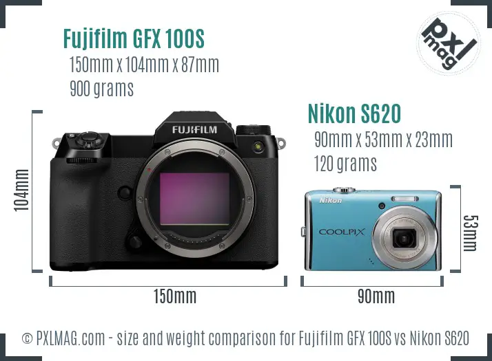 Fujifilm GFX 100S vs Nikon S620 size comparison