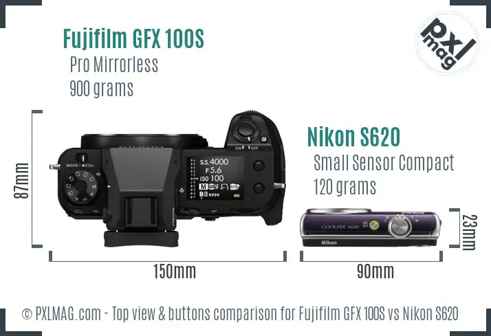 Fujifilm GFX 100S vs Nikon S620 top view buttons comparison