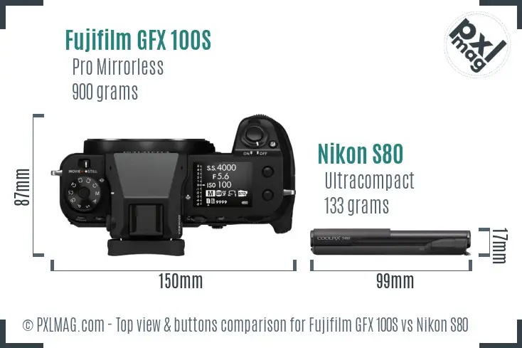 Fujifilm GFX 100S vs Nikon S80 top view buttons comparison
