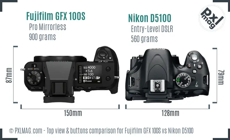 Fujifilm GFX 100S vs Nikon D5100 top view buttons comparison
