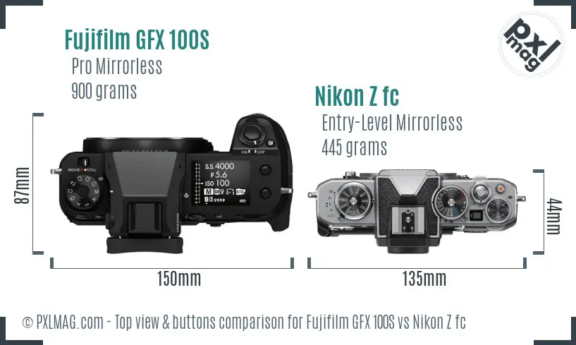 Fujifilm GFX 100S vs Nikon Z fc top view buttons comparison
