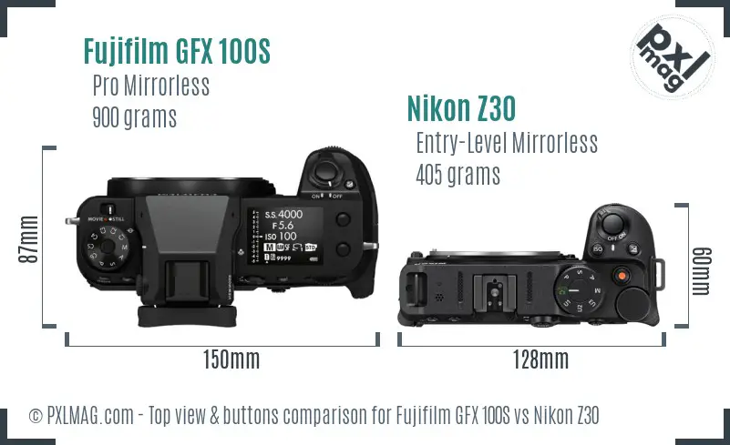 Fujifilm GFX 100S vs Nikon Z30 top view buttons comparison