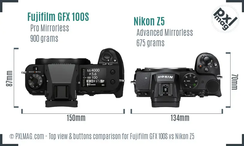 Fujifilm GFX 100S vs Nikon Z5 top view buttons comparison