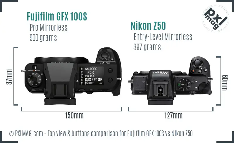 Fujifilm GFX 100S vs Nikon Z50 top view buttons comparison