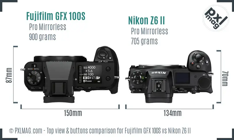 Fujifilm GFX 100S vs Nikon Z6 II top view buttons comparison
