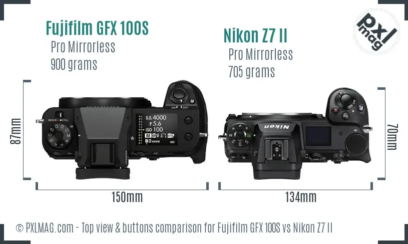 Fujifilm GFX 100S vs Nikon Z7 II top view buttons comparison