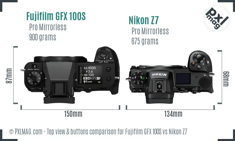 Fujifilm GFX 100S vs Nikon Z7 top view buttons comparison