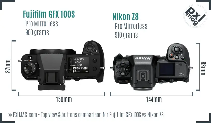 Fujifilm GFX 100S vs Nikon Z8 top view buttons comparison