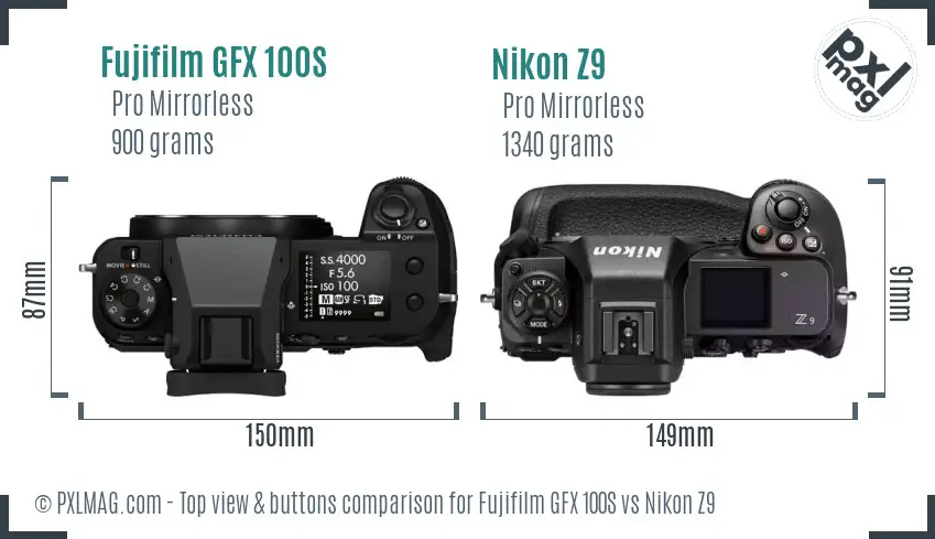 Fujifilm GFX 100S vs Nikon Z9 top view buttons comparison