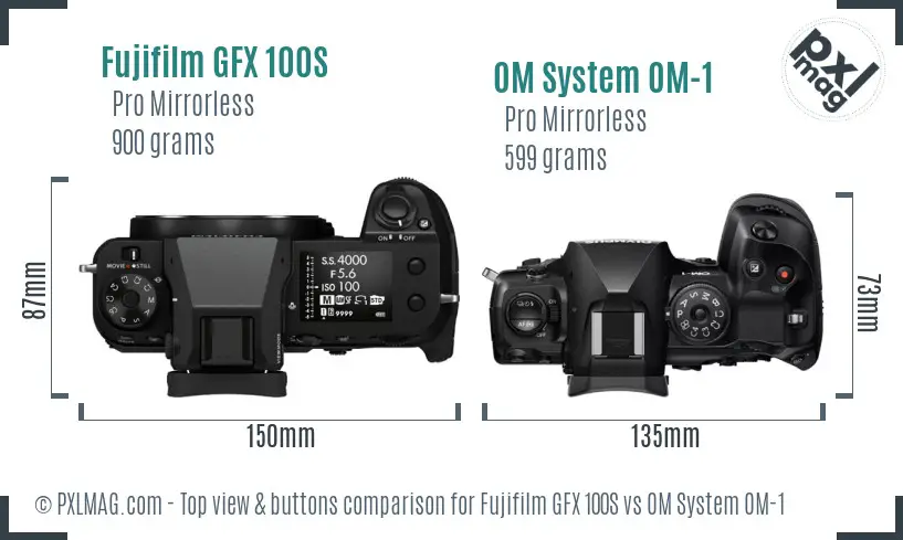 Fujifilm GFX 100S vs OM System OM-1 top view buttons comparison