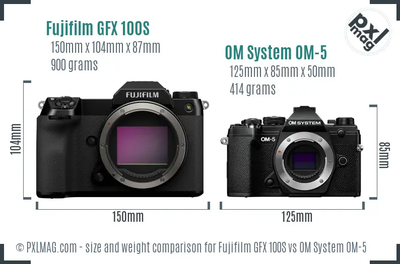 Fujifilm GFX 100S vs OM System OM-5 size comparison