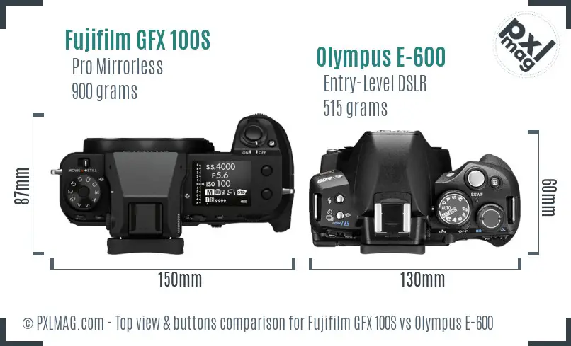 Fujifilm GFX 100S vs Olympus E-600 top view buttons comparison
