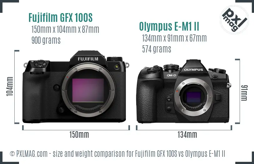 Fujifilm GFX 100S vs Olympus E-M1 II size comparison