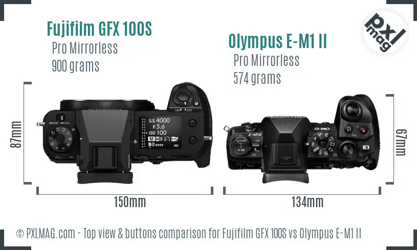 Fujifilm GFX 100S vs Olympus E-M1 II top view buttons comparison