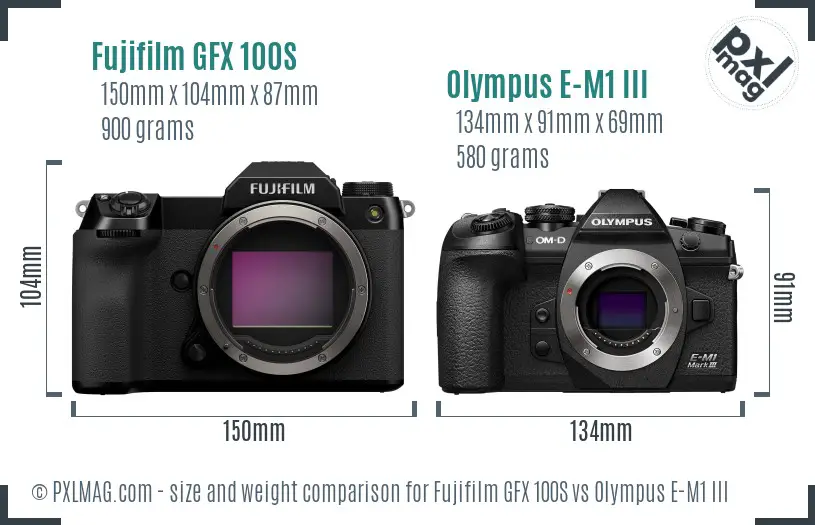 Fujifilm GFX 100S vs Olympus E-M1 III size comparison