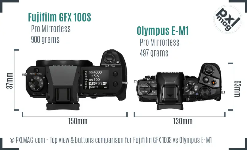 Fujifilm GFX 100S vs Olympus E-M1 top view buttons comparison