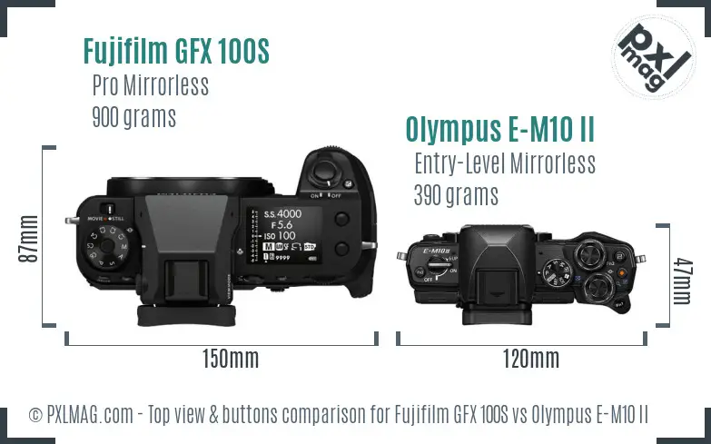 Fujifilm GFX 100S vs Olympus E-M10 II top view buttons comparison