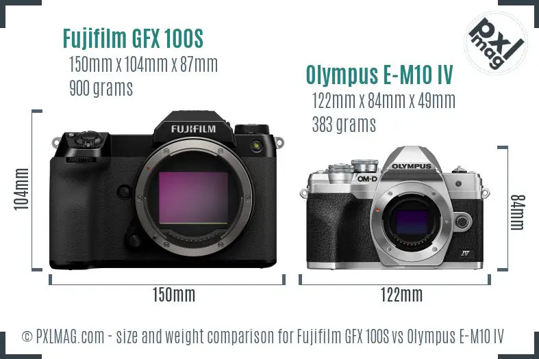 Fujifilm GFX 100S vs Olympus E-M10 IV size comparison