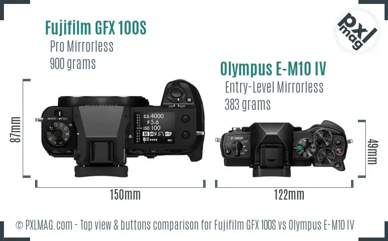 Fujifilm GFX 100S vs Olympus E-M10 IV top view buttons comparison
