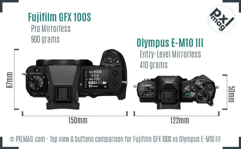 Fujifilm GFX 100S vs Olympus E-M10 III top view buttons comparison