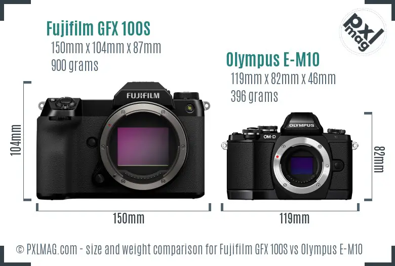 Fujifilm GFX 100S vs Olympus E-M10 size comparison