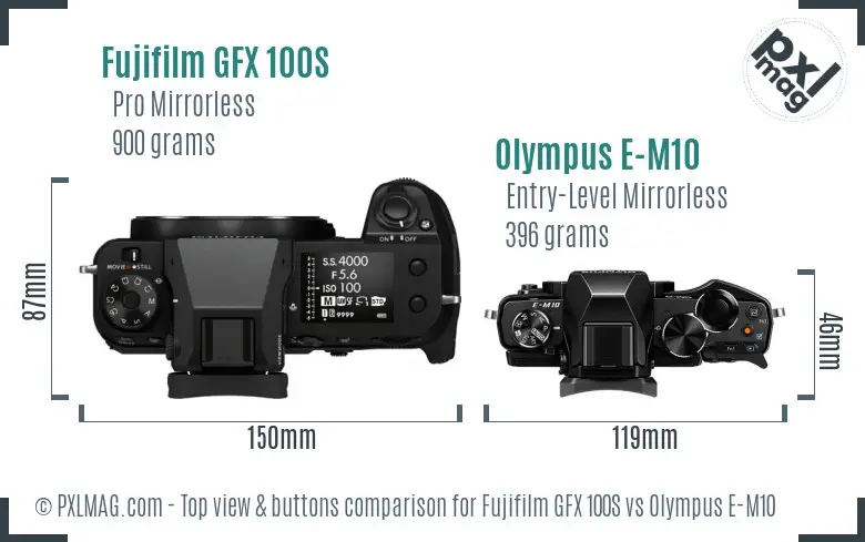 Fujifilm GFX 100S vs Olympus E-M10 top view buttons comparison