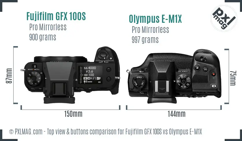 Fujifilm GFX 100S vs Olympus E-M1X top view buttons comparison