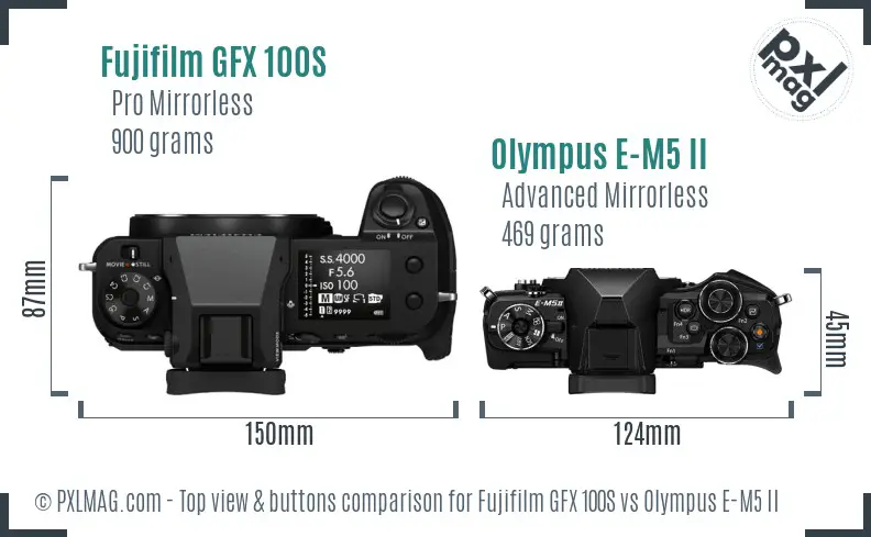 Fujifilm GFX 100S vs Olympus E-M5 II top view buttons comparison